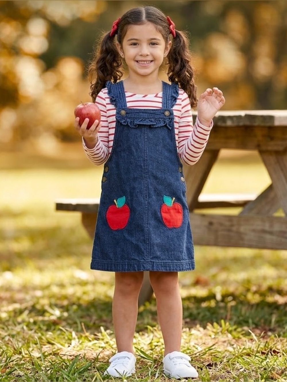Isaac Mizrahi girls size 6 back to school denim apple shirt jumper dress set